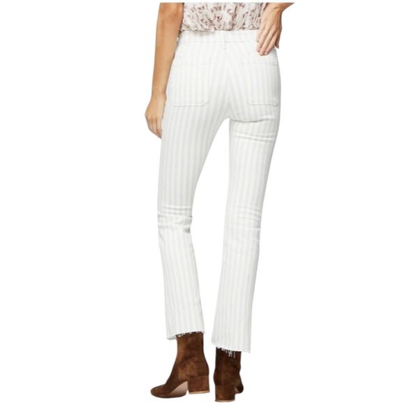 FRAME Women’s Tan+White Striped Le Bardot Crop Flare Raw Edge Denim Pant-size 33 - Picture 2 of 15